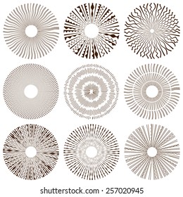 Set of vintage vector illustrations in hipster style. Monochrome stars burst with ray.