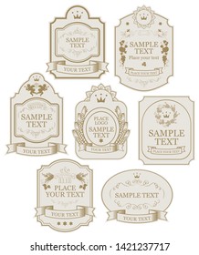 Set of vintage vector labels in beige and gold colors, with crowns, ribbons, angels, curls, spikelets, in figured frames