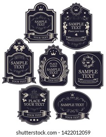 Set of vintage vector labels in black and silver colors, with crowns, ribbons, angels, curls, spikelets, in figured frames