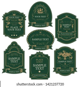 Set of vintage vector labels in green and gold colors, decorated by crowns, ribbons, curls, fruits, in figured frames