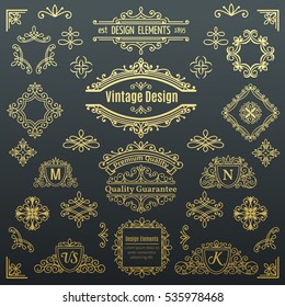 Set of vintage vector line elements . Calligraphic decorative dividers borders swirls scrolls monograms and frames. Golden design elements, page decoration.