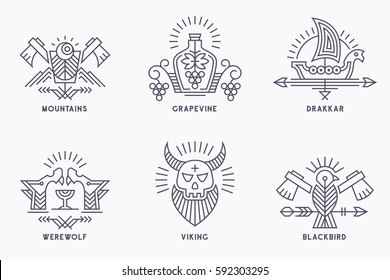 Set of vintage vector logo templates with ethnic elements in thin line style. Tribal style badges, scandinavian logotype. Monochrome, black on white