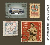 Set of vintage vector old-style soviet various thematic postage stamps. Retro design russian mark templates graphic collection. National characteristics and cultural symbols of communism and socialism