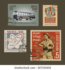 Set of vintage vector old-style soviet various thematic postage stamps. Retro design russian mark templates graphic collection. National characteristics and cultural symbols of communism and socialism