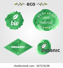 Set of vintage vector organic logos with watercolor background
