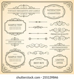 Set of vintage vector ornaments and labels on a beige background.