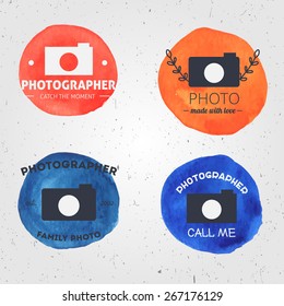 Set of vintage vector photo logos with watercolor background