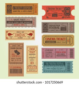 Set of vintage vector tickets and coupons template. Can be used for theatre, cinema, circus, film festival, party, ect.