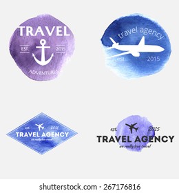 Set of vintage vector travel logos with watercolor background