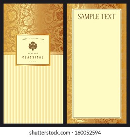 Set of vintage vector vertical invitation with gold baroque pattern. Stylized flowers and leaves on a beige background.
