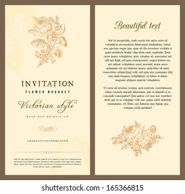 Set of vintage vector vertical invitation with Victorian bouquets of flowers on a beige background light.