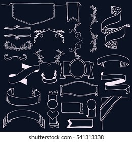 Set of vintage vector white ribbons, frames isolated on black background for your design