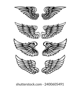 Set of vintage vector wings isolated on white background. Design elements for logo, label, emblem, sign, brand mark.