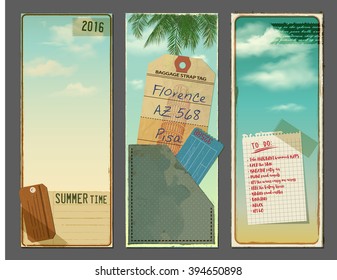 Set of vintage vertical banners with sky and clouds, luggage tags, vacation tickets, lists, notepad, ephemera, old paper scraps for flyers, adverts and promotion material