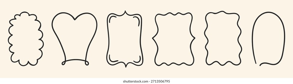 Conjunto de quadros antigos desenhados à mão vertical. Linhas onduladas pretas e bordas onduladas para cartões, cartazes, capas, banners ou branding. Ilustração vetorial