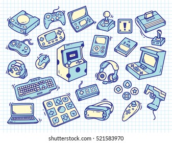 Conjunto de doodle de videogame vintage no fundo de papel