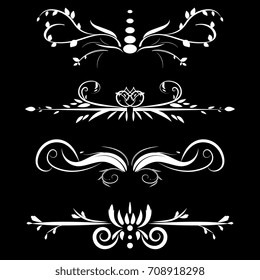 Set vintage vignettes, design template page, the set calligraphic decorative design elements in retro style, vector scroll decoration on black background