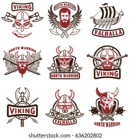 Set of vintage viking labels. Viking warrior in horned helmet, with beard, crossed axes, swords, shield. Design elements for logo, label, emblem, sign. Vector illustration