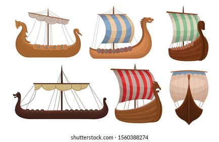 Set of vintage viking ships. Vector illustration on a white background.