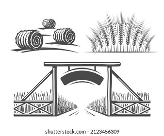 Set of vintage village farm isolated on white background. Vector illustration