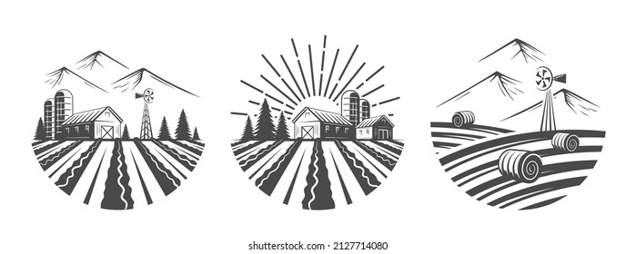 Set of vintage village farm isolated on white background. Vector illustration