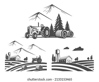 Set of vintage village farm isolated on white background. Vector illustration