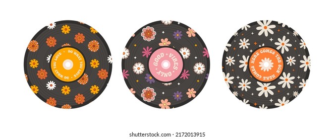 Set of vintage vinyl plates with 1970 daisy flowers. Good vibes. Flat vector illustration