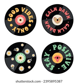 Set of vintage vinyl plates with 1970 daisy flower, heart, lips and tongue. Good vibes. Calm dawn. Stay positive