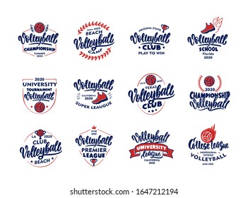 Set of vintage Volleyball emblems and stamps. Colorful badges, templates and stickers for sport club, school. Collection of sport logos with hand-drawn text, phrases. Vector illustration