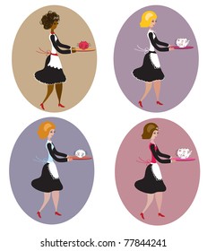 Set of vintage waitresses cartoon