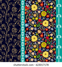Set of vintage wallpapers with linear and colorful roses, sunflowers and wildflowers. Classical floral borders with retro motifs.