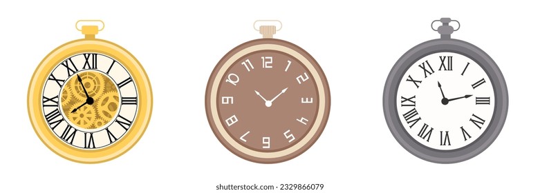 Set of vintage watches. Collection of pocket watches. Illustration isolated on white.