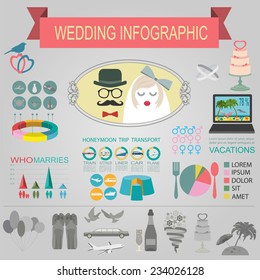 Set of vintage wedding, fashion style and travel infographic elements, templates. Vector illustration