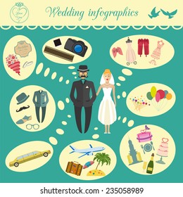 Set of vintage wedding, fashion style and travel infographic elements, templates. Vector illustration