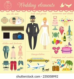 Set of vintage wedding, fashion style and travel infographic elements, templates. Vector illustration