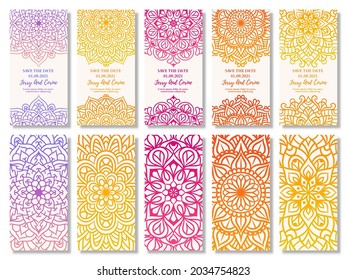 Set of vintage wedding invitation card with mandala gradient design. Mandala wedding invitation