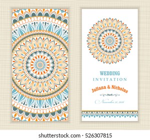 Set of vintage Wedding Invitation card with Mandala pattern and in green, blue and red color.
