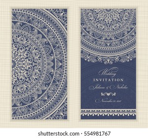 Set of vintage Wedding Invitation card with Mandala pattern. The front and rear side. Beautiful Victorian ornament. Frame with floral elements. Vector illustration.