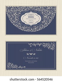 Set of vintage Wedding Invitation card with Mandala pattern. The front and rear side. Beautiful Victorian ornament. Frame with floral elements. Vector illustration.