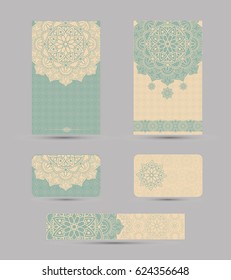 Set of vintage Wedding Invitation card with Mandala pattern, Floral mandala pattern and ornaments. Oriental design . Asian, Arab, Indian, ottoman motifs.