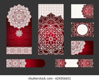 Set of vintage Wedding Invitation card with Mandala pattern, Floral mandala pattern and ornaments. Oriental design . Asian, Arab, Indian, ottoman motifs.
