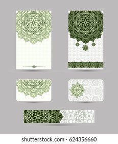 Set of vintage Wedding Invitation card with Mandala pattern, Floral mandala pattern and ornaments. Oriental design . Asian, Arab, Indian, ottoman motifs.