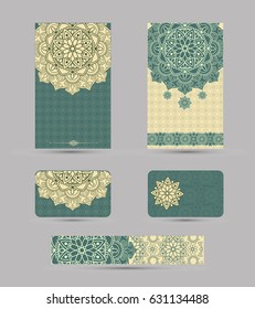 Set of vintage Wedding Invitation card with Mandala pattern, Floral mandala pattern and ornaments. Oriental design . Asian, Arab, Indian, ottoman motifs.