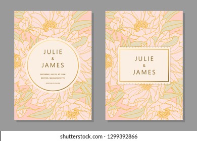 Set of Vintage Wedding Invite template with floral background of flowers peons, with gold decorated banner. Vector invitations