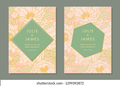 Set of Vintage Wedding Invite template with floral background of flowers peons, with gold decorated banner. Vector invitations
