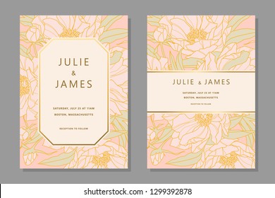 Set of Vintage Wedding Invite template with floral background of flowers peons, with gold decorated banner. Vector invitations