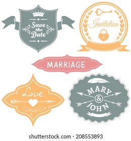 Set of vintage wedding labels for invitations. Vector illustration.