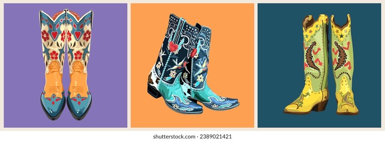 Set of vintage western cowboy boots. Stylish decorative cowgirl boots embroidered with traditional turquoise, red decoration. Realistic hand drawn vector illustration isolated on colorful background.