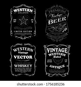 Set Of Vintage Western Hand Drawn Frame Label Blackboard Banner Vector Illustration