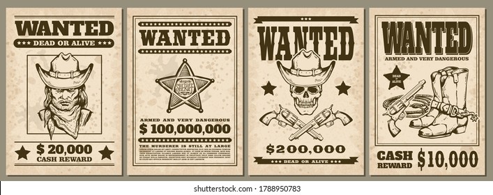 Set of vintage western style Wanted posters with cowboys portrait and items, sketch vector illustration. Criminal catching and wanted notice with grunge effect.